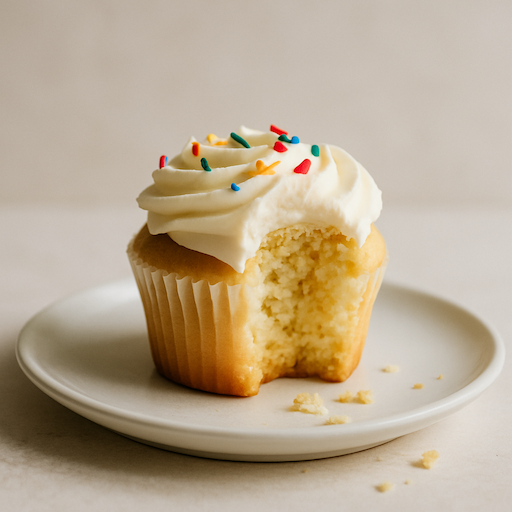 A bitten cupcake with colourful sprinkles on top